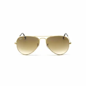 Lunette de soleil Ray Ban style aviateur, monture métal doré et verres marron dégradés, logo sur le verre gauche.