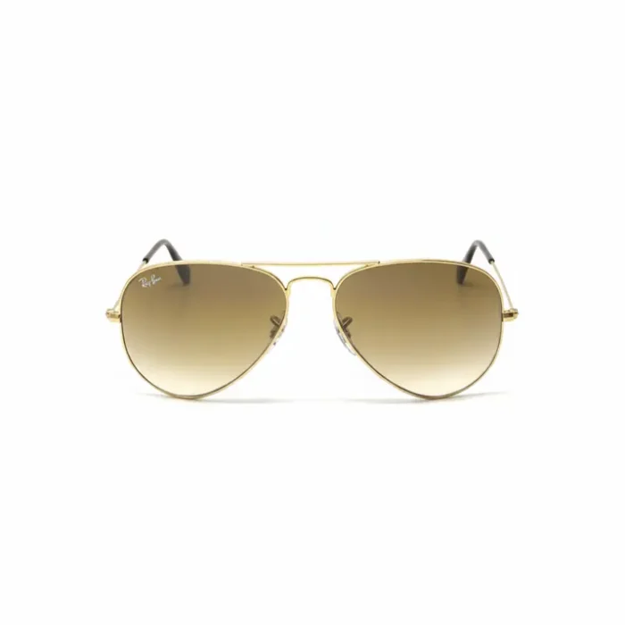 Lunette de soleil Ray Ban aviateur dorée marron Lunette de soleil Ray Ban style aviateur, monture métal doré et verres marron dégradés, logo sur le verre gauche.