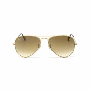 Lunette de soleil Ray Ban homme style aviateur, monture dorée et verres marron, branches fines et coussinets nasaux.