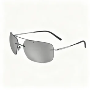 Lunette de soleil Silhouette sans monture, verres rectangulaires gris et branches métalliques fines avec embouts noirs.