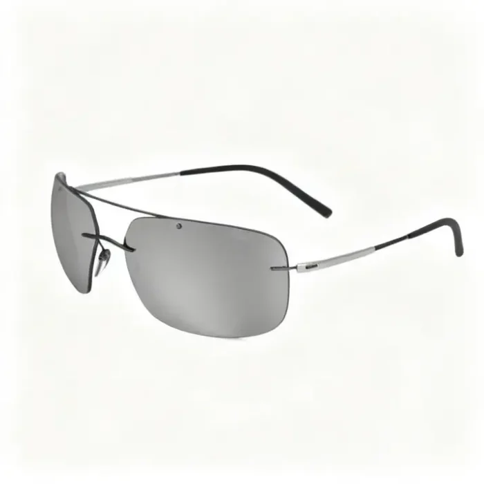 Lunette de soleil Silhouette sans monture grise Lunette de soleil Silhouette sans monture, verres rectangulaires gris et branches métalliques fines avec embouts noirs.