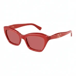 Lunette de soleil Valentino rouge à monture épaisse, verres teintés rouges et logo V doré sur la branche, forme rectangulaire.