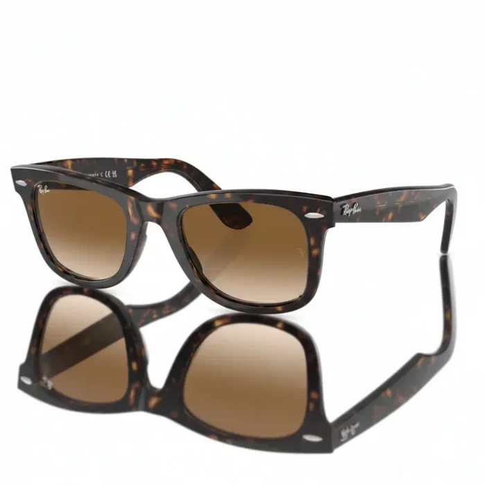 Lunette de soleil Wayfarer à monture épaisse écaille marron et noir, forme rectangulaire, verres teintés marron.