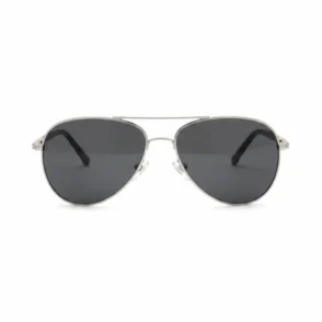 Lunette de soleil style aviateur en métal argenté, grands verres fumés, branches noires avec détail doré en vue de face et profil.