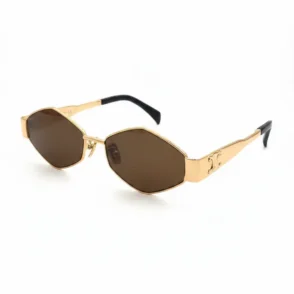 Lunette de soleil femme Celine à monture métallique dorée, verres foncés polygonaux et branches épaisses avec motif.