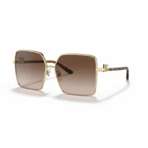 Lunette de soleil femme Dolce Gabbana carrée, monture dorée fine, verres bruns teintés, branches décorées avec logo.