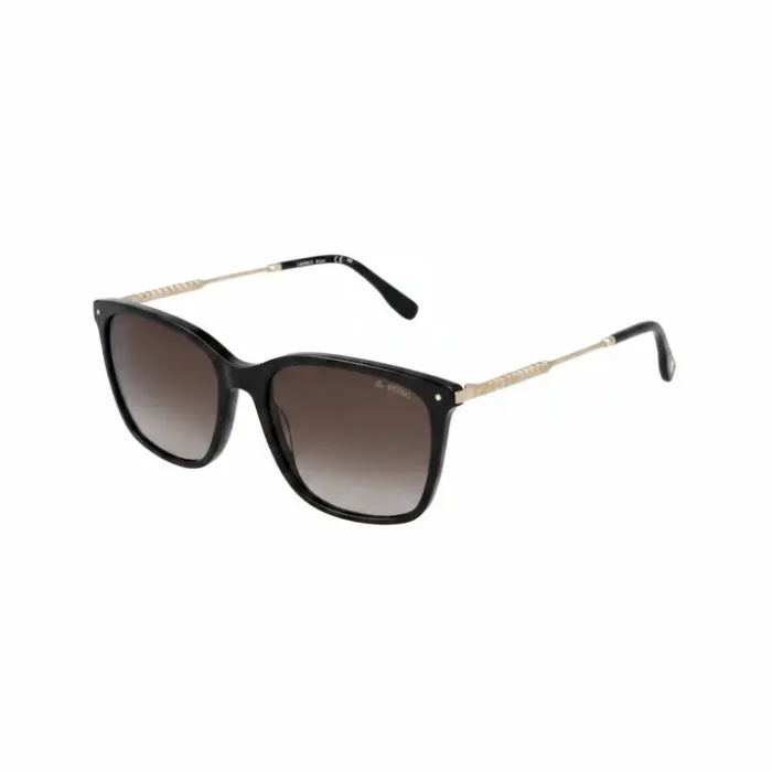Lunette de soleil femme Lacoste noir et doré Lunette de soleil femme Lacoste avec monture noire carrée, branches dorées gravées et verres dégradés foncés.