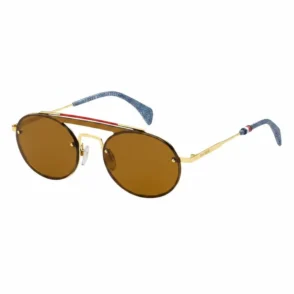 Lunette de soleil femme Tommy Hilfiger ronde, monture métal doré, verres bruns, branches bleues avec détail rouge et blanc.