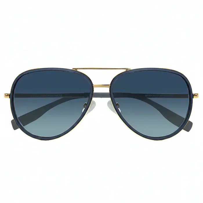 Lunette de soleil homme Boss style aviateur, monture métallique dorée fine et verres dégradés foncés à clairs.