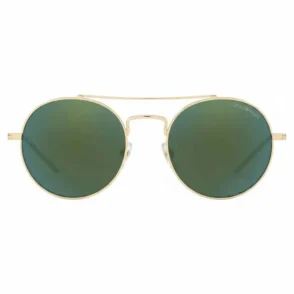 Lunette de soleil homme Giorgio Armani avec verres ronds vert foncé, monture dorée fine, double pont et plaquettes réglables.