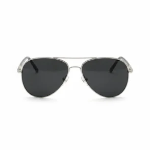 Lunette de soleil homme style aviateur en métal, verres goutte d’eau foncés, pont fin et plaquettes nasales ajustables.