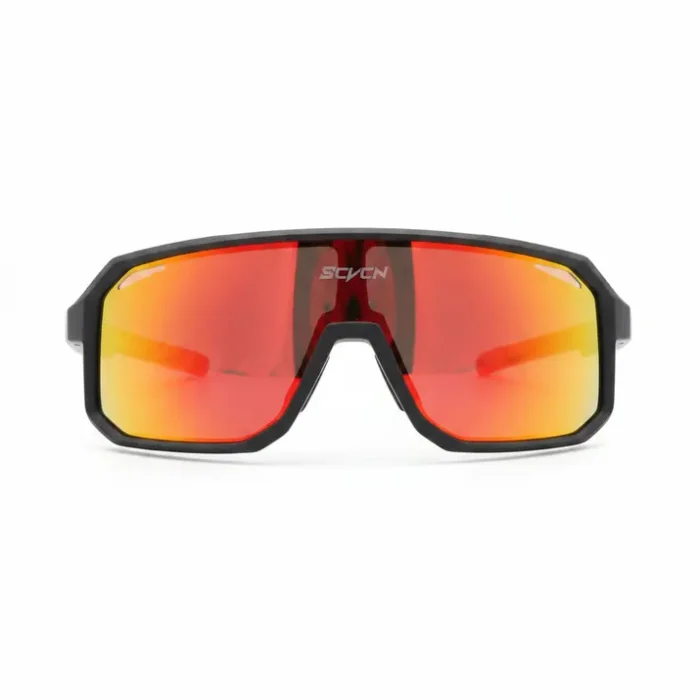 Lunette de soleil homme sport noire verres miroir Lunette de soleil homme sport avec monture noire épaisse et verres incurvés miroir rouges et jaunes, style enveloppant.