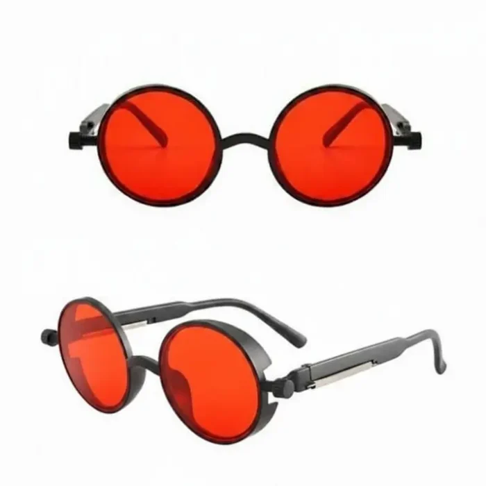Lunette de soleil homme vintage ronde rouge Lunette de soleil homme vintage à verres ronds rouges, monture noire et branches solides légèrement courbées.
