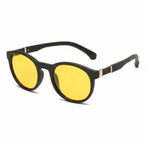 Lunette de soleil jaune avec verres teintés jaunes, monture noire arrondie et détails dorés près des charnières.