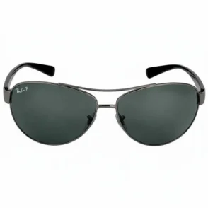 Lunette de soleil pour homme Ray Ban style aviator en métal, verres teintés vert foncé, double pont et plaquettes ajustables.