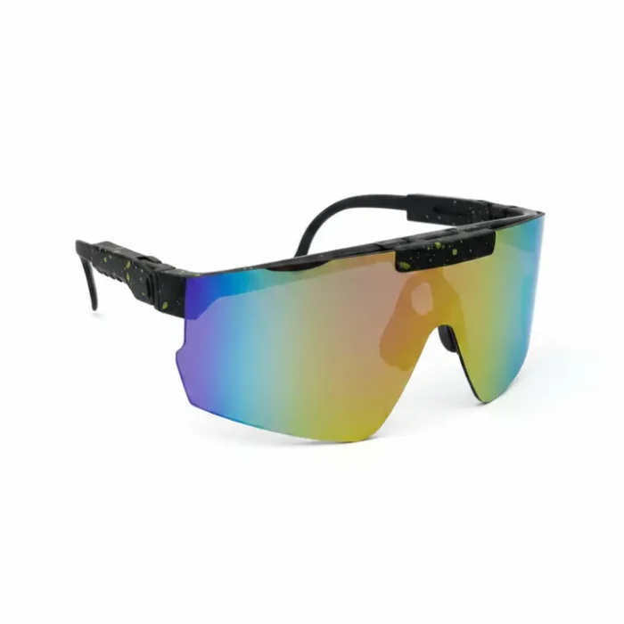 Lunette de soleil sport femme dégradé multicolore Lunette de soleil sport femme à écran couvrant, lentille dégradée jaune-bleu-vert et branches noires à motifs tachetés.