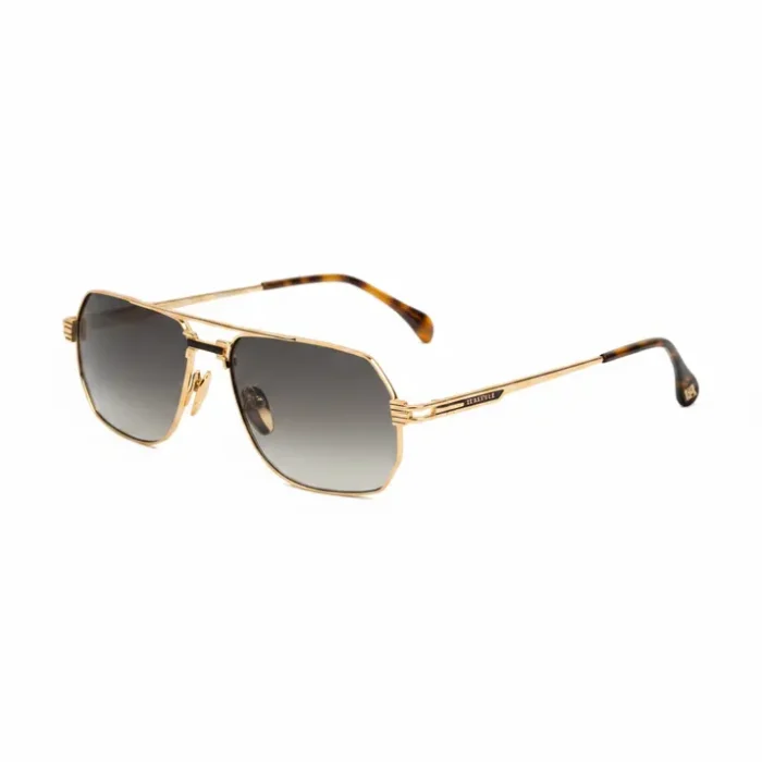 Lunette de soleil unisex en métal doré, forme géométrique angulaire, verres dégradés et branches effet écaille.