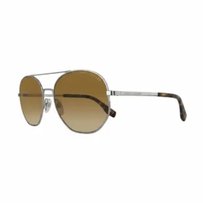 Lunettes de soleil Marc Jacobs rondes, verres bruns et monture métallique argentée, branches fines avec embouts écaille.