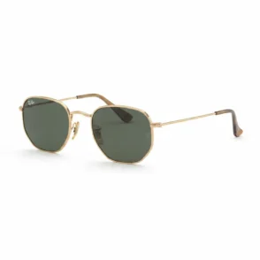 Ray Ban femme lunette de soleil octogonale en métal doré avec verres noirs teintés et branches fines.