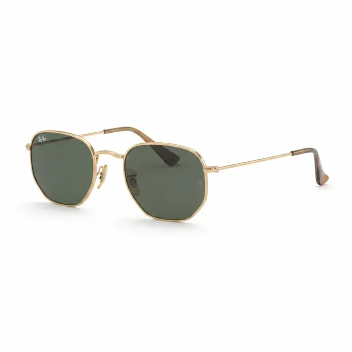 Ray Ban femme lunette de soleil octogonale dorée Ray Ban femme lunette de soleil octogonale en métal doré avec verres noirs teintés et branches fines.