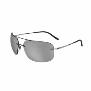 Silhouette lunettes de soleil sans monture, verres teintés réfléchissants et branches fines en métal avec embouts noirs.