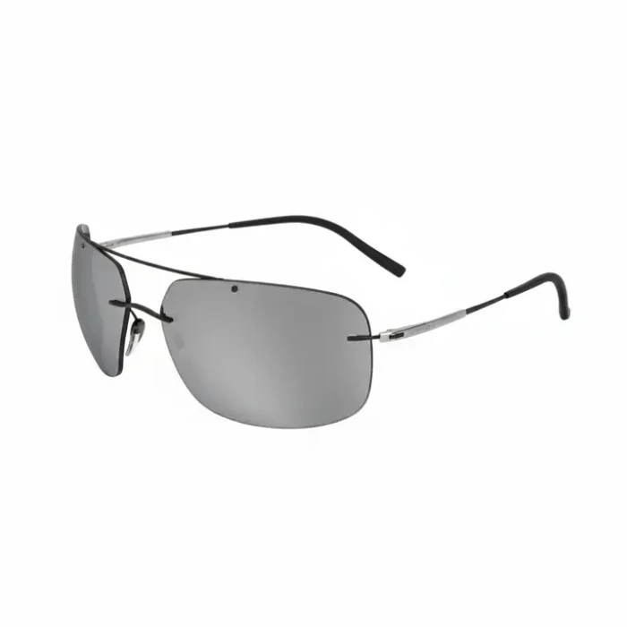Silhouette lunettes de soleil métal sans monture Silhouette lunettes de soleil sans monture, verres teintés réfléchissants et branches fines en métal avec embouts noirs.
