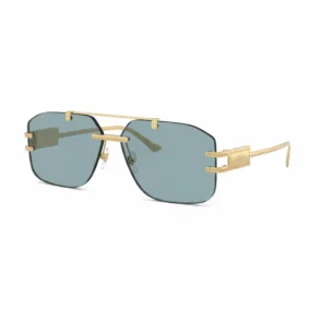 Versace lunette de soleil rectangulaire avec verres sombres, monture en métal doré et branches texturées.