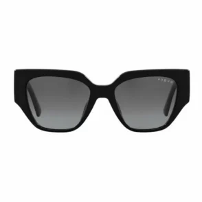 Vogue lunette de soleil femme avec monture épaisse noire, verres dégradés foncé à clair et logo sur la lentille droite.