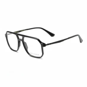 Achat en ligne lunettes de vue : monture en plastique noire, verres rectangulaires arrondis, branches fines élargies aux extrémités.