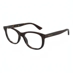 Alexander McQueen lunettes de vue rectangulaires arrondies écaille marron, branches larges avec logo McQueen doré, verres clairs.