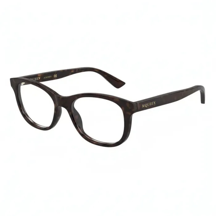 Alexander McQueen lunettes de vue écaille marron Alexander McQueen lunettes de vue rectangulaires arrondies écaille marron, branches larges avec logo McQueen doré, verres clairs.