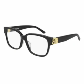 Balenciaga lunettes de vue rectangulaires noires à monture épaisse, verres transparents et détail doré double B aux charnières.