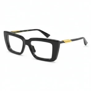 Bottega Veneta lunettes de vue à monture épaisse noire, verres rectangulaires et détail doré près des charnières.