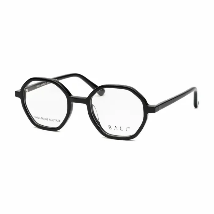 Femme portant un cadre lunette de vue femme noir, forme géométrique octogonale, branches fines, style moderne.
