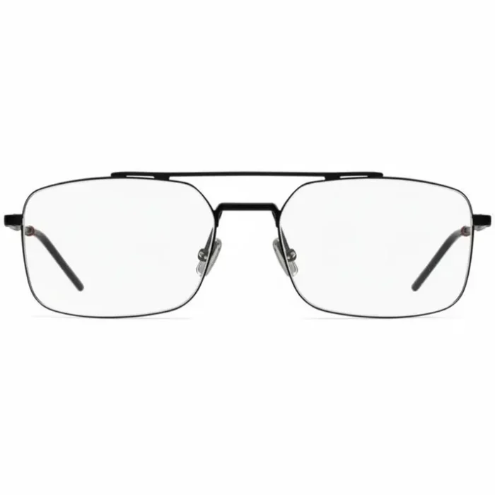 Cadre lunette de vue homme rectangulaire métal noir Cadre lunette de vue homme rectangulaire en métal noir avec barre supérieure, plaquettes silicone et branches fines.