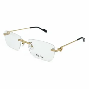 Cartier lunette de vue homme à verres rectangulaires sans cerclage, branches fines dorées et embouts noirs.