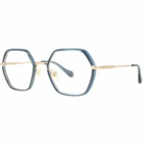 Carven lunettes de vue femme à monture hexagonale, métal doré et contour bleu, verres transparents avec plaquettes nasales.