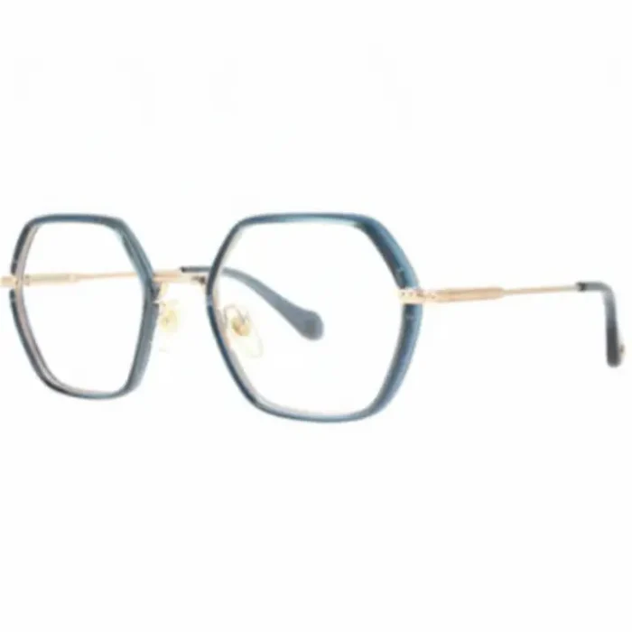Carven lunettes de vue femme à monture hexagonale, métal doré et contour bleu, verres transparents avec plaquettes nasales.