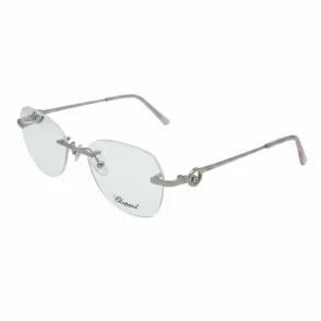 Chopard lunette de vue sans cerclage, verres transparents rectangulaires, branches métalliques fines avec embouts roses.