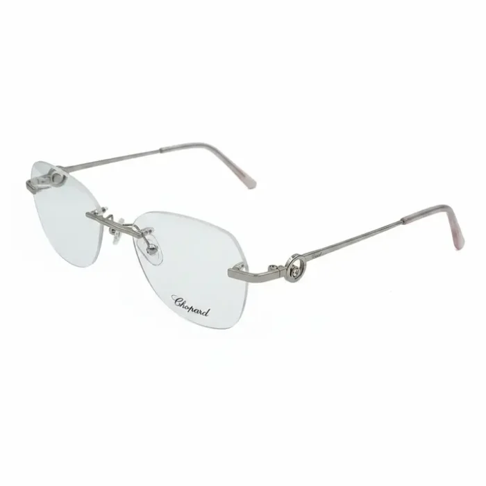 Chopard lunette de vue sans cerclage rose Chopard lunette de vue sans cerclage, verres transparents rectangulaires, branches métalliques fines avec embouts roses.