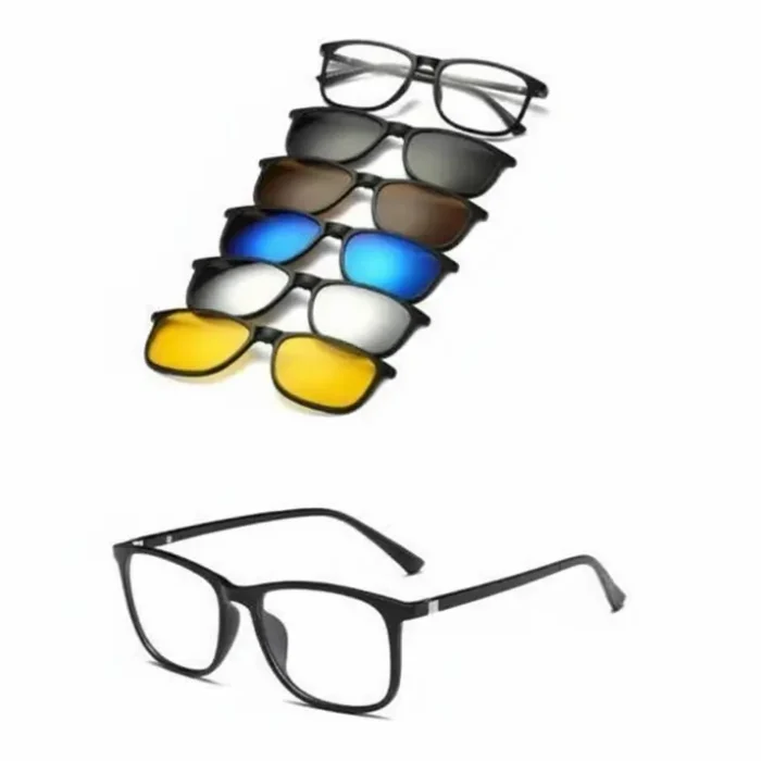 Clip On lunettes avec verres interchangeables Ensemble Clip On lunettes avec plusieurs verres à clipser (polarisés, brun, bleu, miroir argenté, vision nocturne) et monture.
