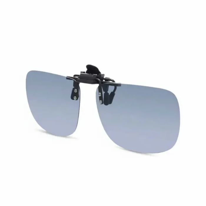 Clip adaptable sur lunettes de vue avec deux verres teintés dégradé bleu et monture métallique à fixation centrale.