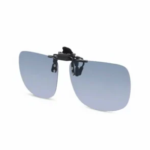 Clip adaptable sur lunettes de vue avec deux verres teintés rectangulaires et charnière centrale à fixer sur la monture.