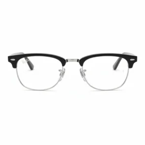 Clubmaster lunette de vue avec monture supérieure épaisse sombre, bas en métal fin, plaquettes transparentes et branches effilées.
