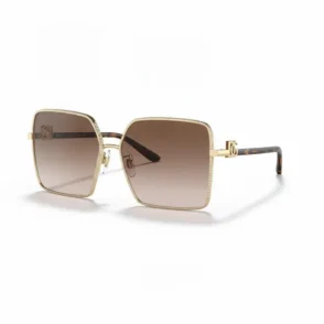 Dolce Gabbana lunette de soleil femme à monture carrée dorée, verres dégradés marron et branches écaille fines.