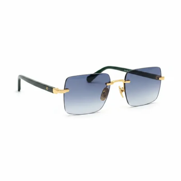 Dsquared lunette de soleil à verres carrés dégradés bleus, monture métallique fine avec branches noires et détails dorés.
