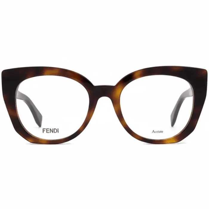 Fendi lunettes de vue femme en acétate, forme papillon, motif écaille brune, verres transparents et logo sur branche.