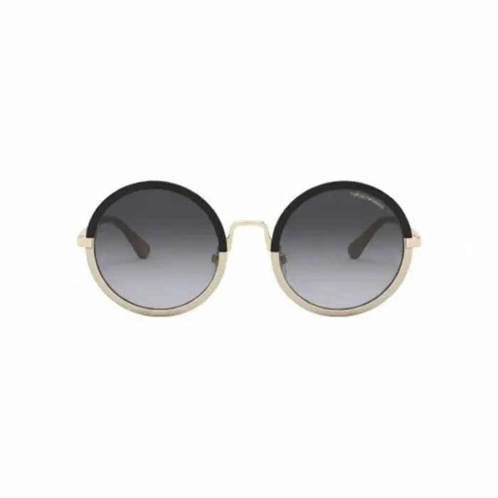 Giorgio Armani lunettes de soleil femme rondes, monture bicolore noir et or, verres dégradés foncé à clair, pont métal fin.