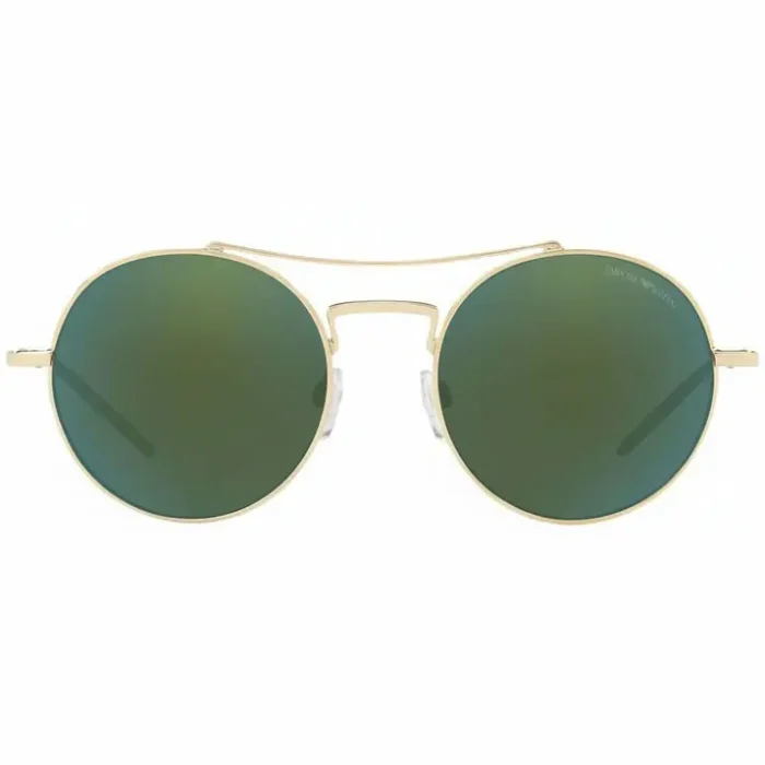 Giorgio Armani lunettes de soleil homme avec verres ronds verts, monture fine dorée à double pont et plaquettes ajustables.
