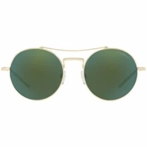Giorgio Armani lunettes de soleil à monture métal dorée, verres ronds vert foncé, pont double et plaquettes transparentes.